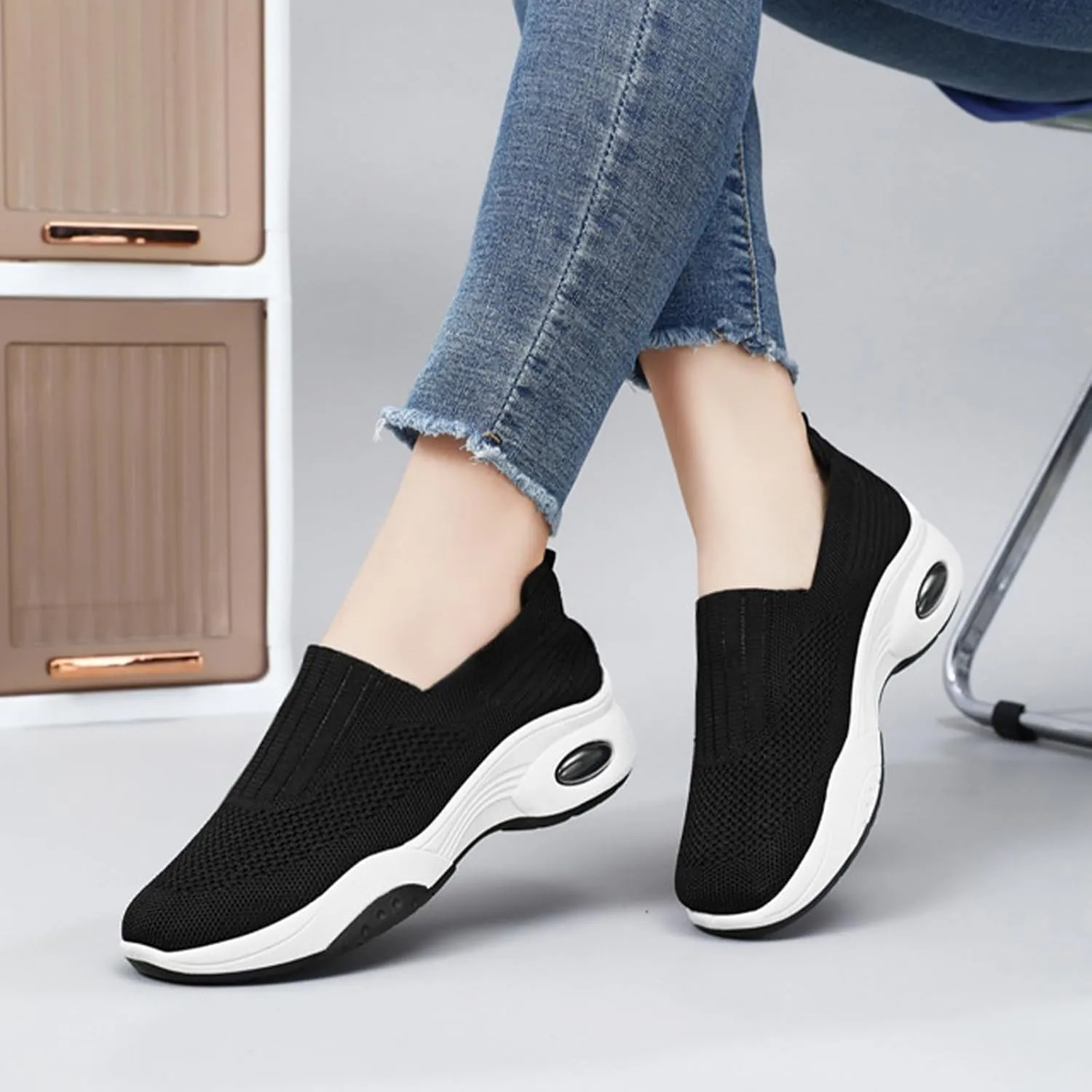 Aceptolcom Women Walking Shoes Sock Sneakers Slip-On Breathable Mesh Trainers Women's Comfortable Casual Ladies Air Cushion Athletic Shoes Running Jogging Shoes