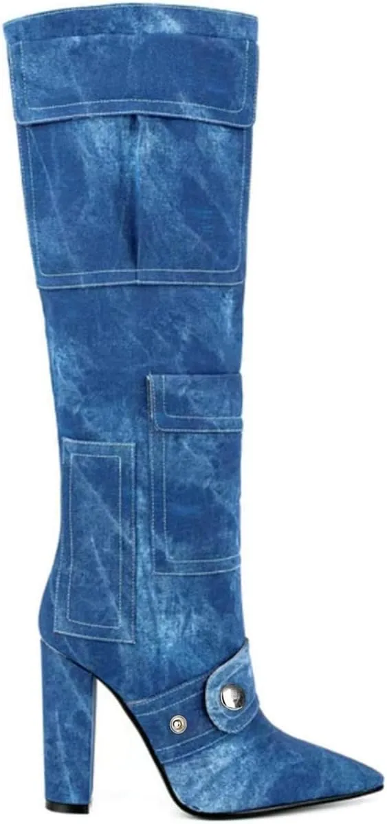 Aflngle Women's Denim Knee High Boots Camo Pointed Toe Chunky Heel Tall Boots Fashion Camouflage with Pocket Pull-on High Heeled Long Booties