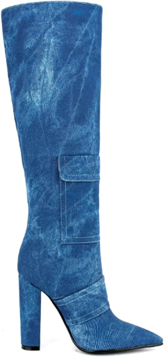 Aflngle Women's Denim Knee High Boots Camo Pointed Toe Chunky Heel Tall Boots Fashion Camouflage with Pocket Pull-on High Heeled Long Booties