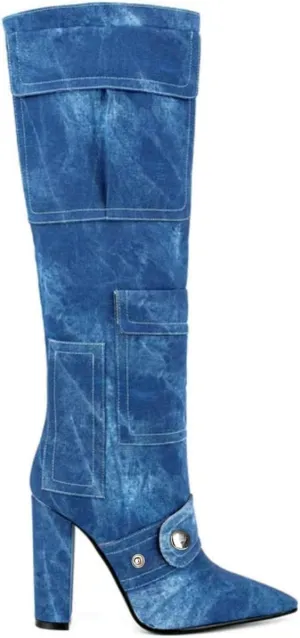 Aflngle Women's Denim Knee High Boots Camo Pointed Toe Chunky Heel Tall Boots Fashion Camouflage with Pocket Pull-on High Heeled Long Booties