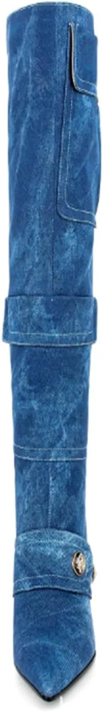 Aflngle Women's Denim Knee High Boots Camo Pointed Toe Chunky Heel Tall Boots Fashion Camouflage with Pocket Pull-on High Heeled Long Booties