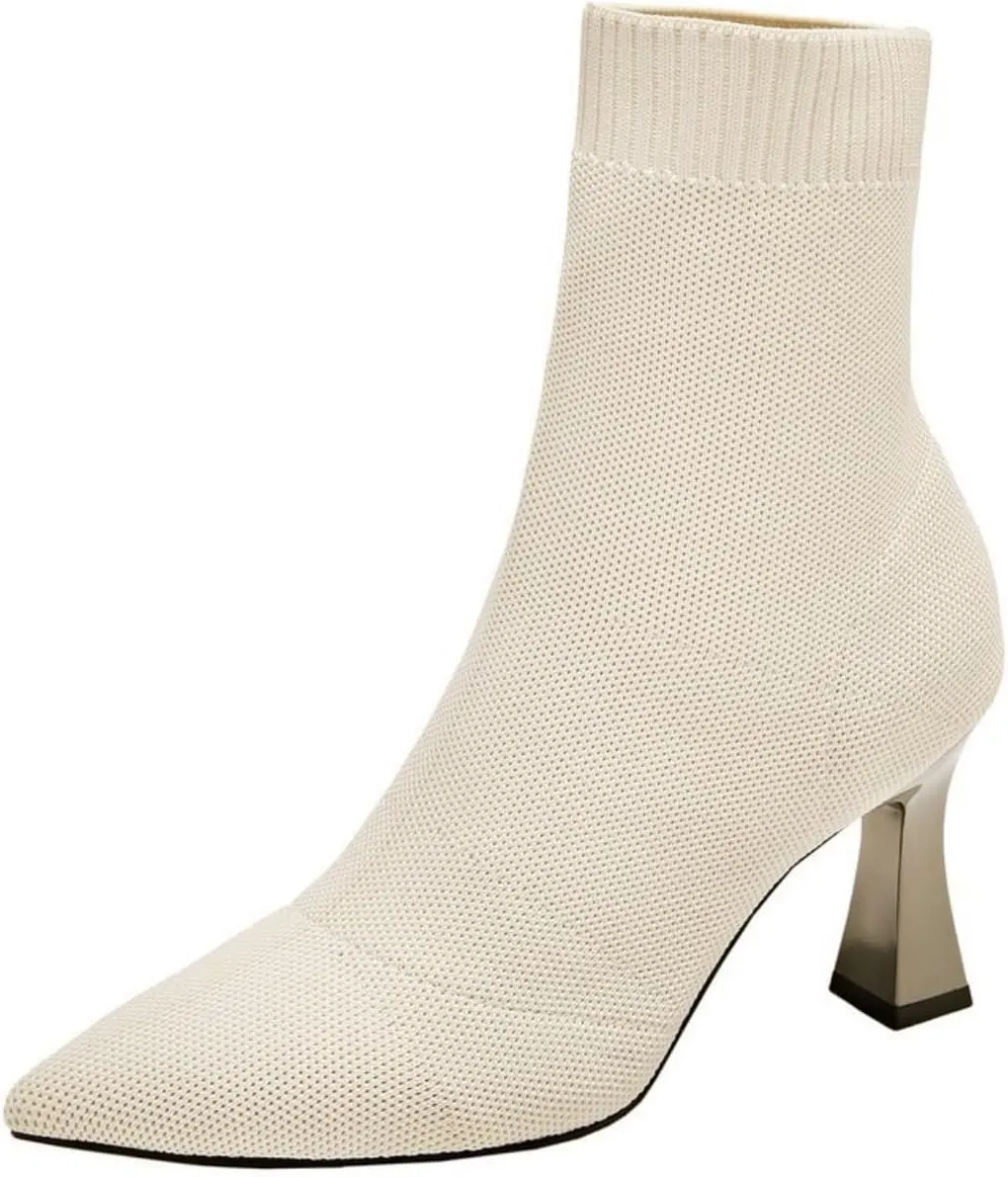 Aflngle Women's Fashion Ankle Boots Sexy Pointed Toe Stiletto High Heels Boots Elastic Knitted Fabric Short Long Sock Heels Comfy Mid Calf Booties