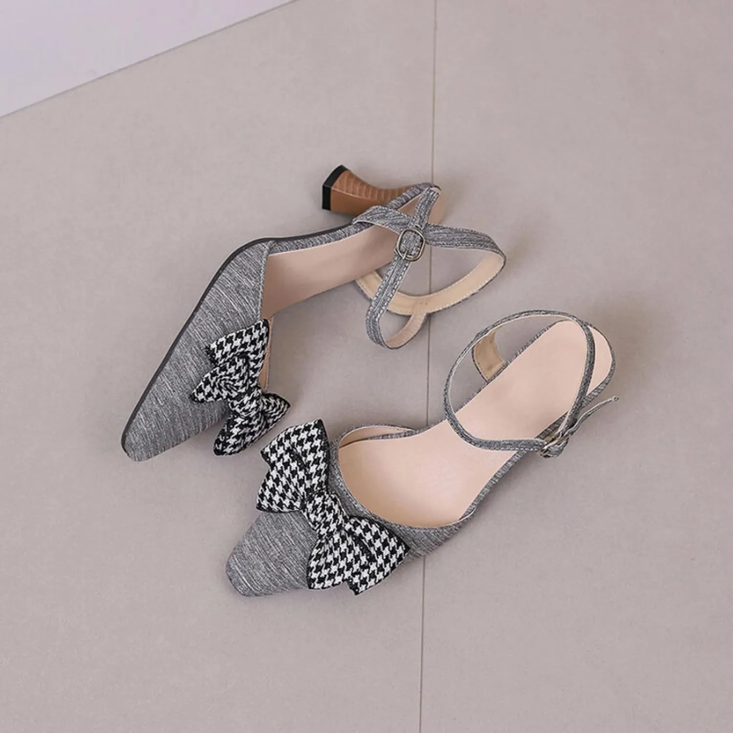 Aflngle Women's Kitten Low Heels Sandals Pointed Toe Closed Bowknot Ankle Strap Buckle Wedding Bridal Party Prom Dress Pumps Shoes