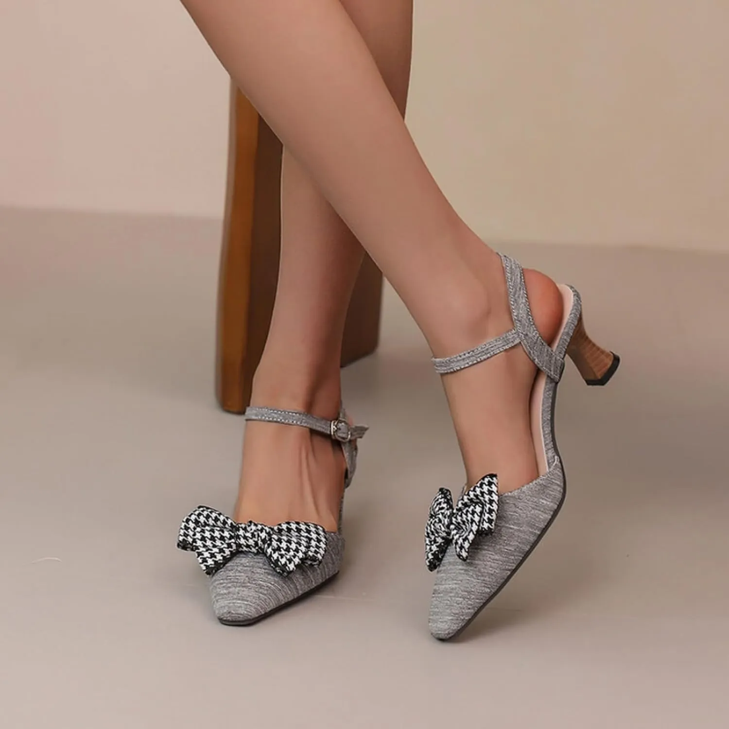 Aflngle Women's Kitten Low Heels Sandals Pointed Toe Closed Bowknot Ankle Strap Buckle Wedding Bridal Party Prom Dress Pumps Shoes