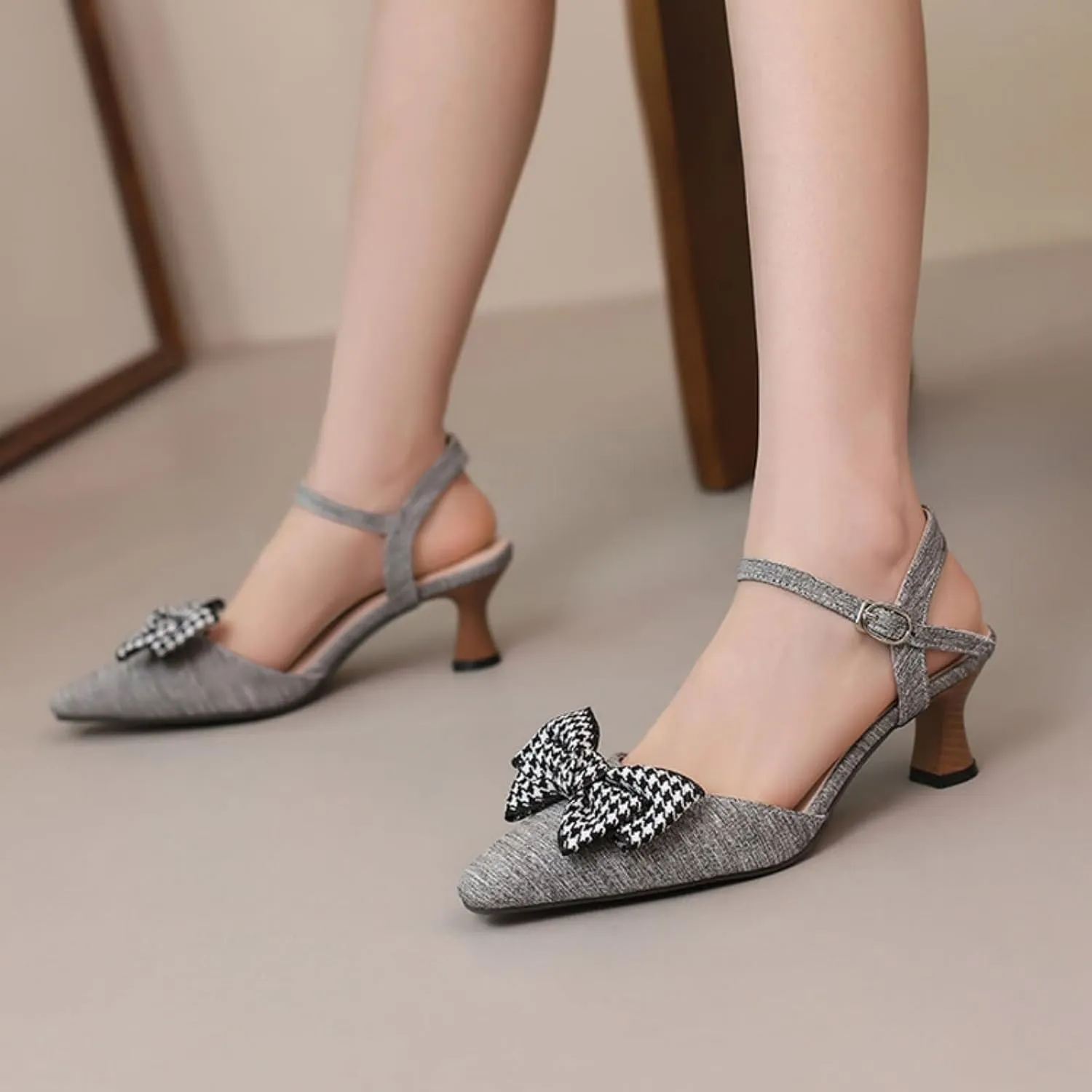 Aflngle Women's Kitten Low Heels Sandals Pointed Toe Closed Bowknot Ankle Strap Buckle Wedding Bridal Party Prom Dress Pumps Shoes