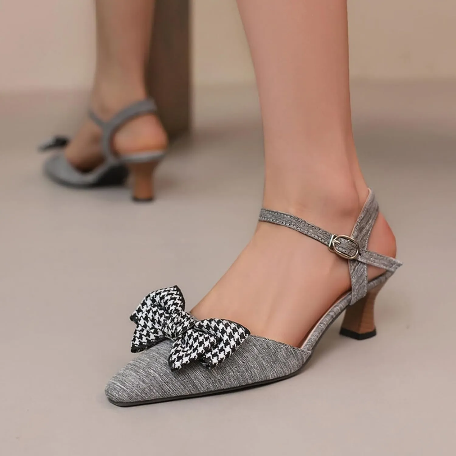 Aflngle Women's Kitten Low Heels Sandals Pointed Toe Closed Bowknot Ankle Strap Buckle Wedding Bridal Party Prom Dress Pumps Shoes
