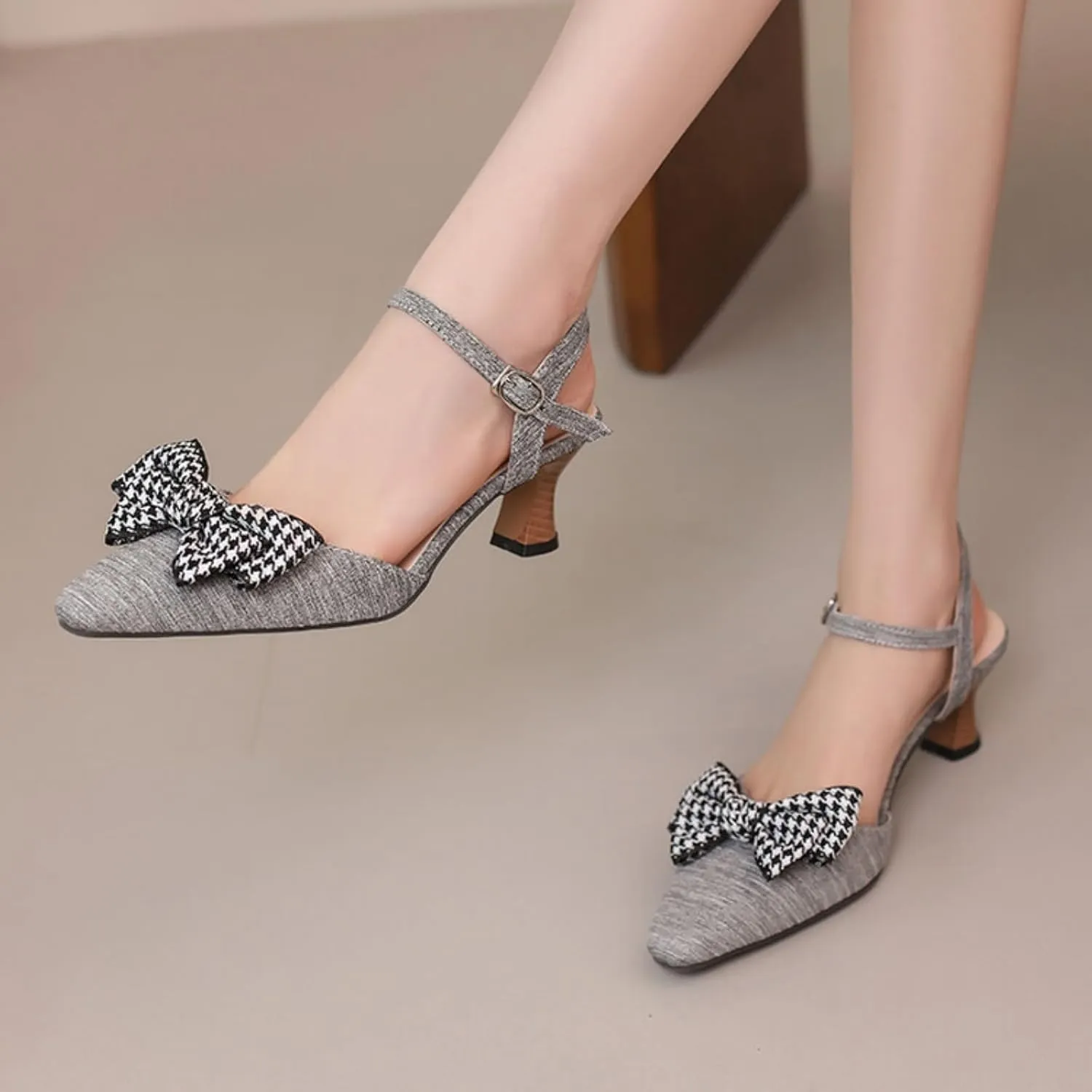 Aflngle Women's Kitten Low Heels Sandals Pointed Toe Closed Bowknot Ankle Strap Buckle Wedding Bridal Party Prom Dress Pumps Shoes