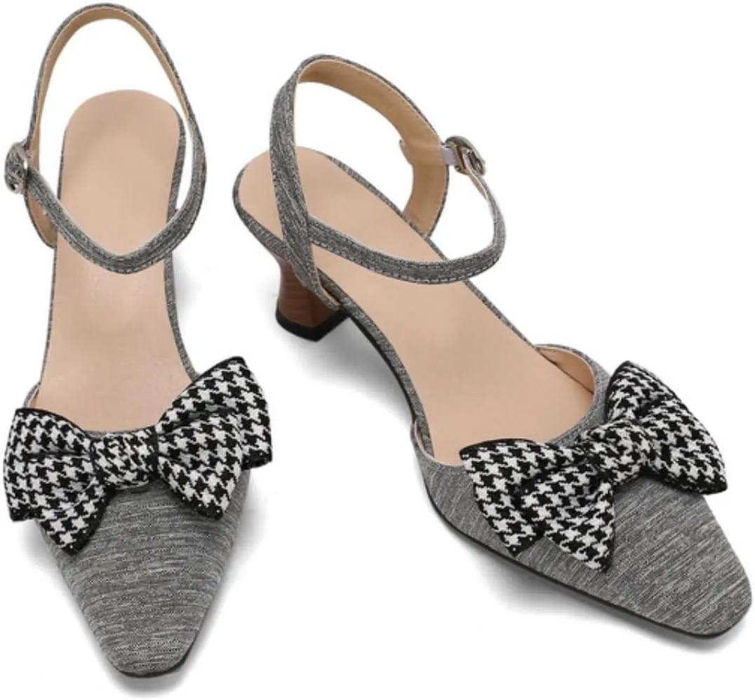 Aflngle Women's Kitten Low Heels Sandals Pointed Toe Closed Bowknot Ankle Strap Buckle Wedding Bridal Party Prom Dress Pumps Shoes
