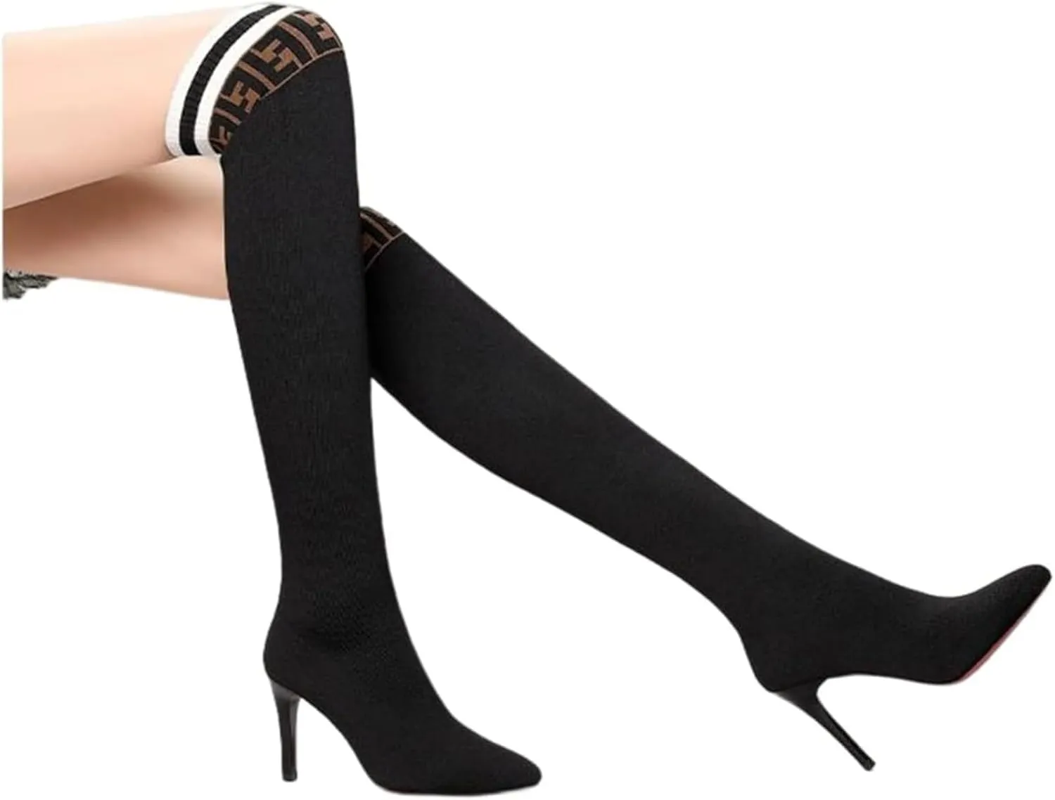Aflngle Women's Sexy Pointed Toe Stiletto High Heel Ankle Boots Fashion Elastic Knitted Fabric Short Long Sock Heels Comfy Mid Calf Booties