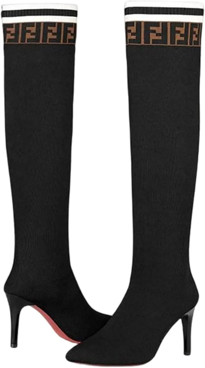 Aflngle Women's Sexy Pointed Toe Stiletto High Heel Ankle Boots Fashion Elastic Knitted Fabric Short Long Sock Heels Comfy Mid Calf Booties