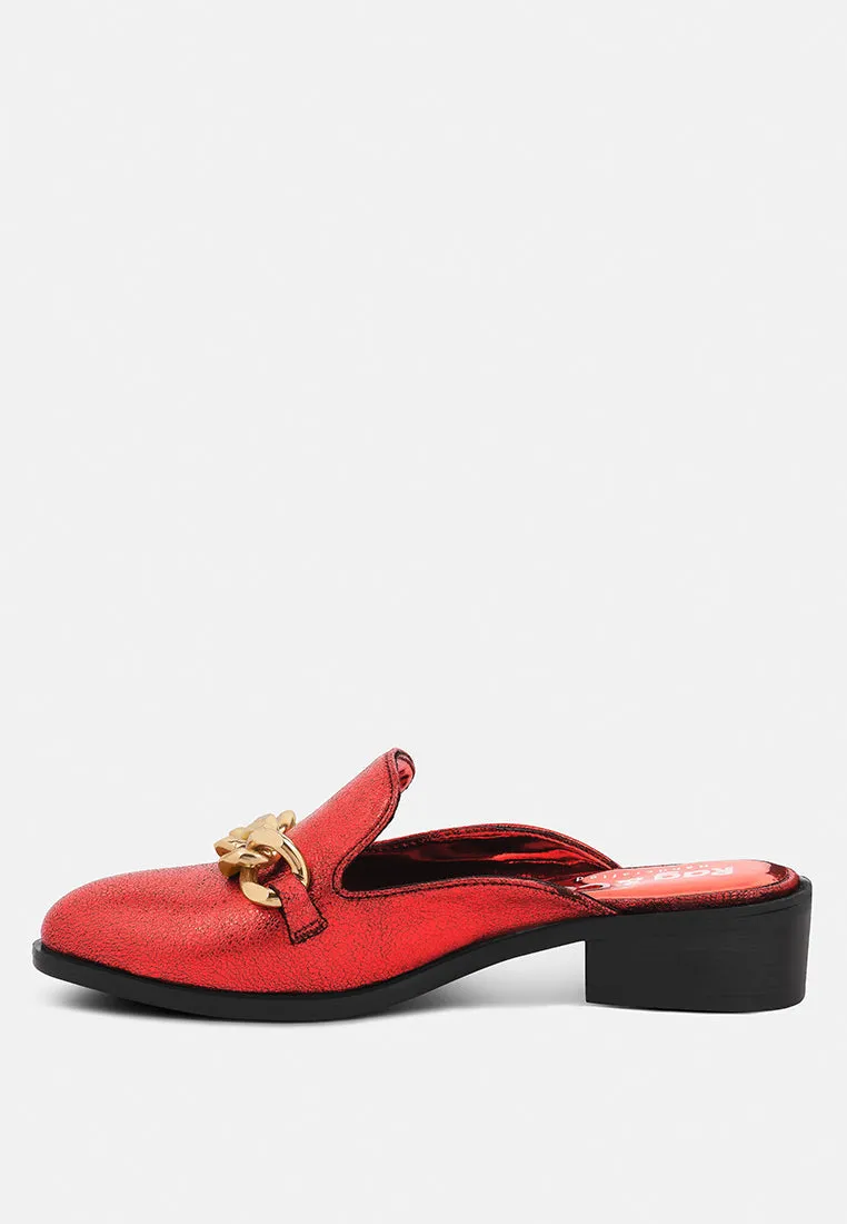 Aksa Chain Embellished Metallic Leather Mules By Ruw