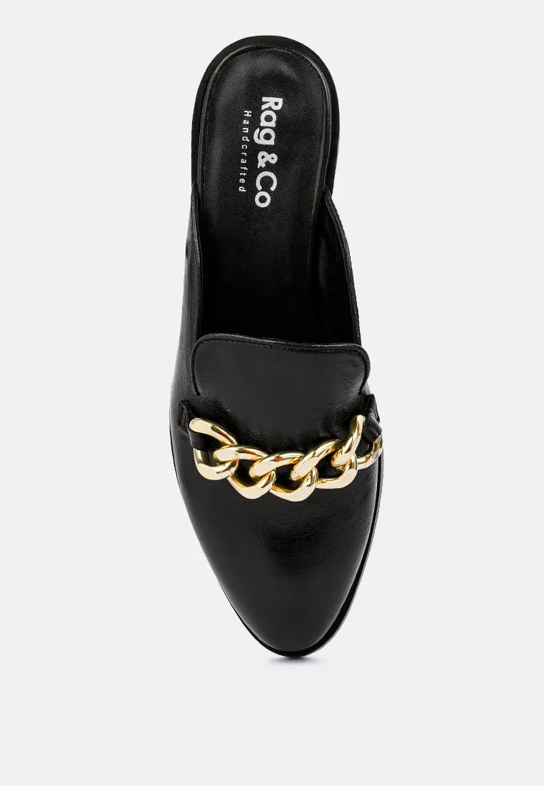 Aksa Chain Embellished Metallic Leather Mules By Ruw