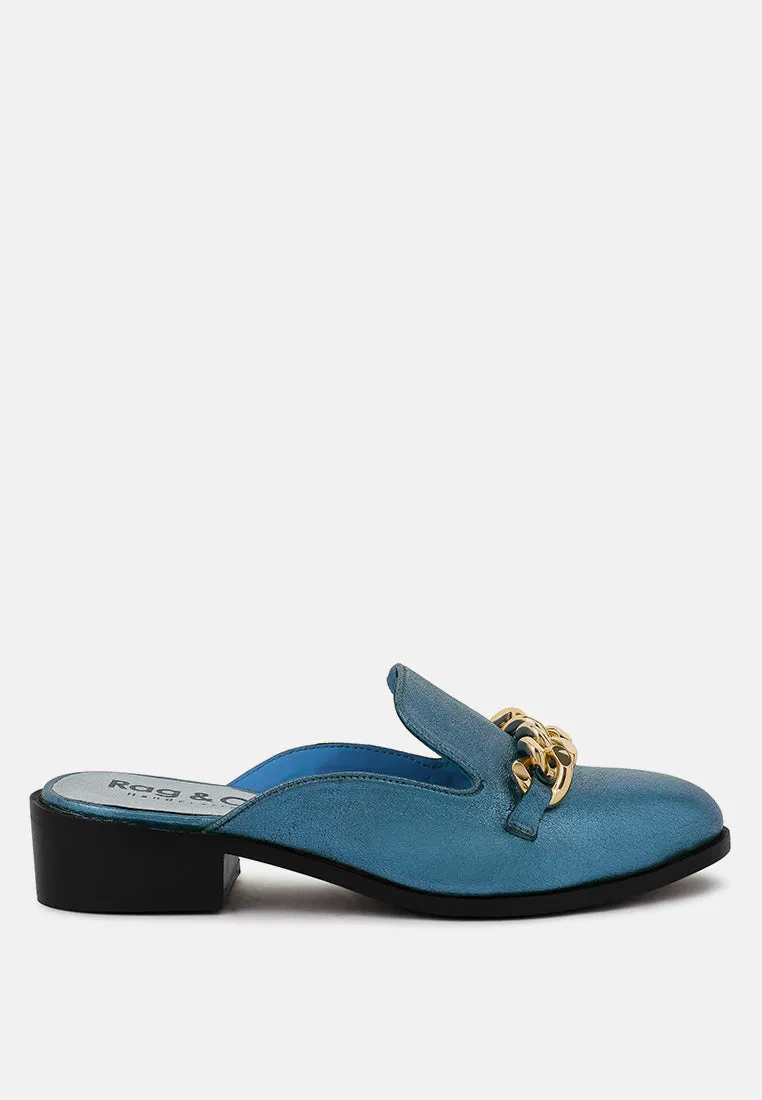 Aksa Chain Embellished Metallic Leather Mules By Ruw