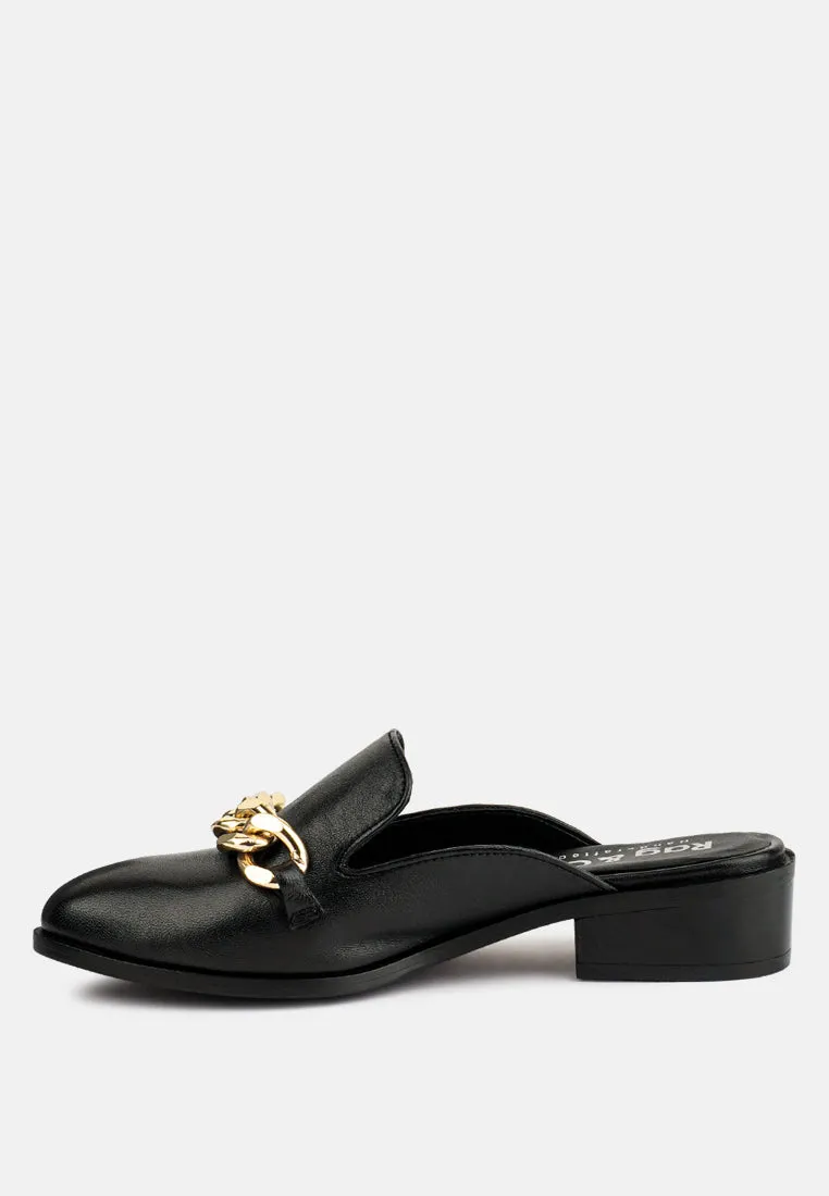 Aksa Chain Embellished Metallic Leather Mules By Ruw