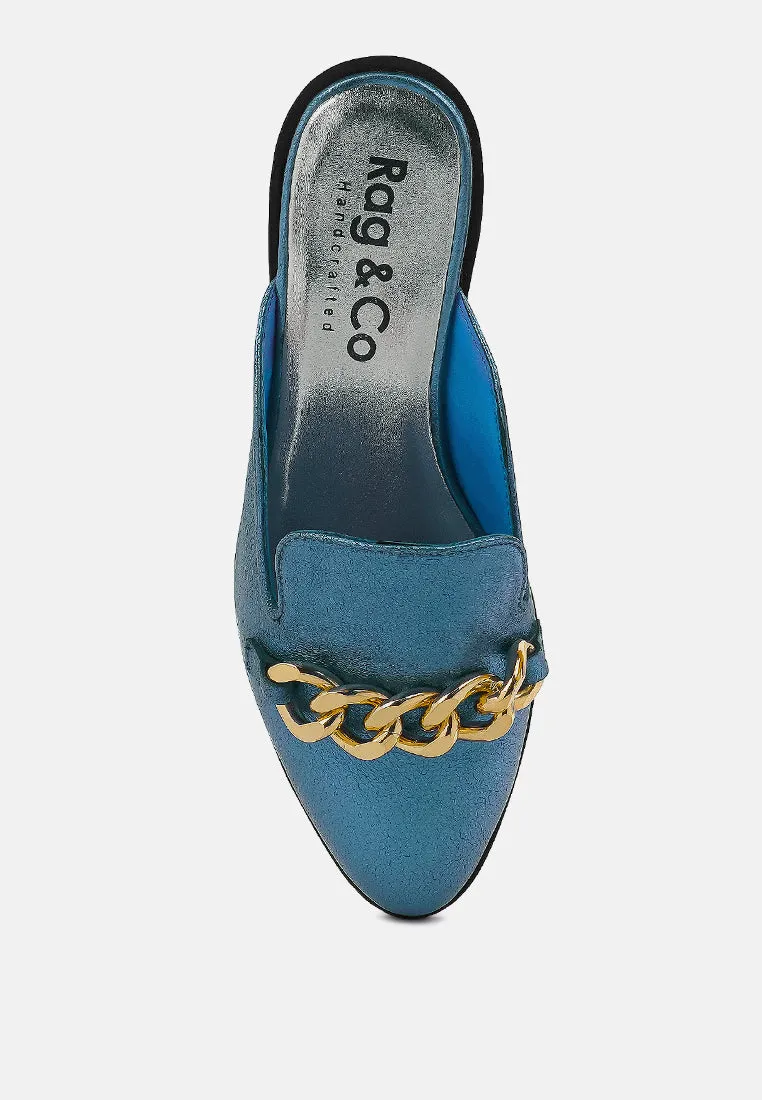 Aksa Chain Embellished Metallic Leather Mules By Ruw