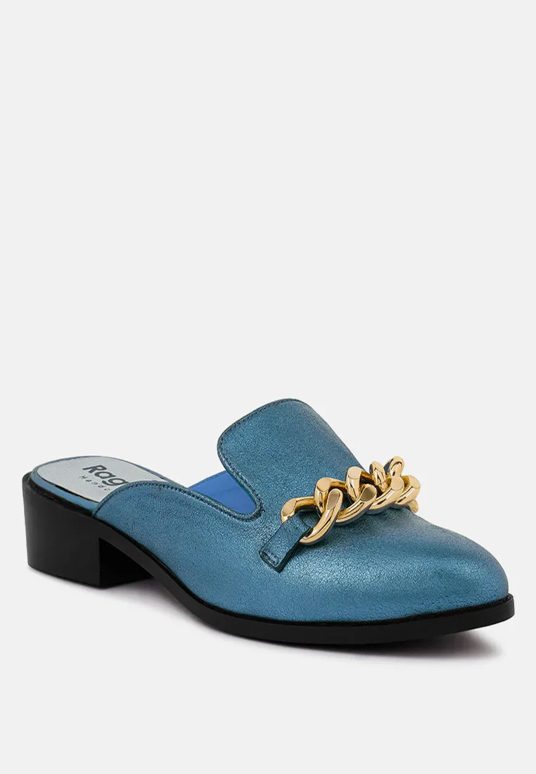 Aksa Chain Embellished Metallic Leather Mules By Ruw