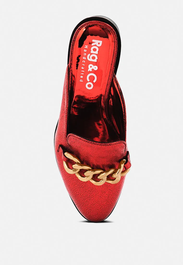 Aksa Chain Embellished Metallic Leather Mules By Ruw