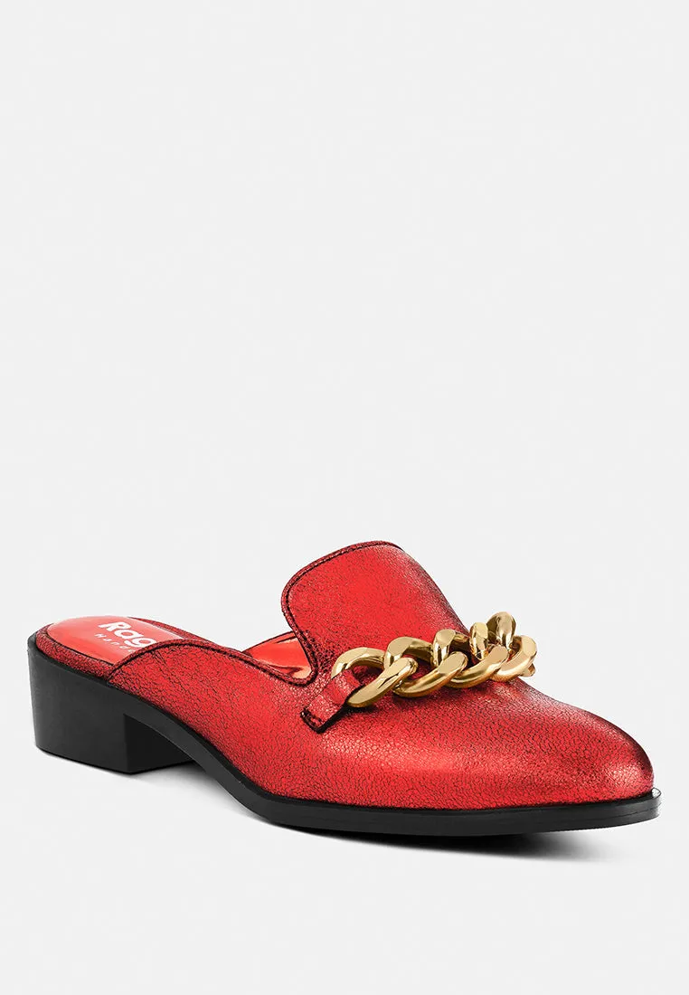 Aksa Chain Embellished Metallic Leather Mules By Ruw