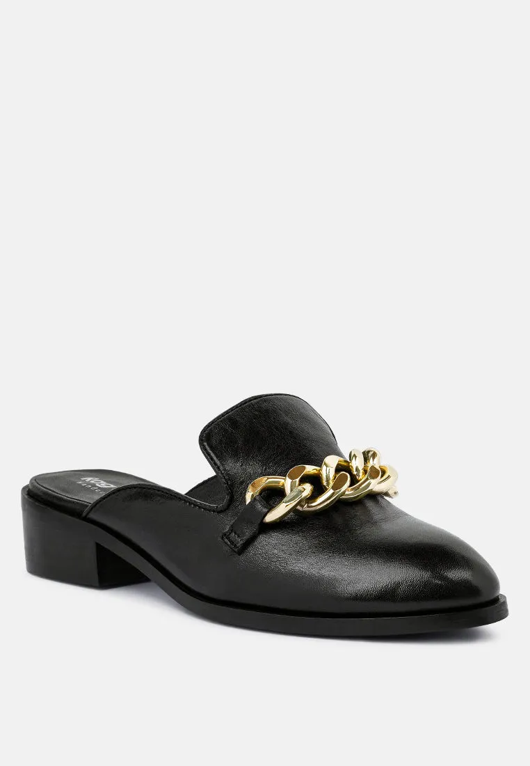 Aksa Chain Embellished Metallic Leather Mules By Ruw