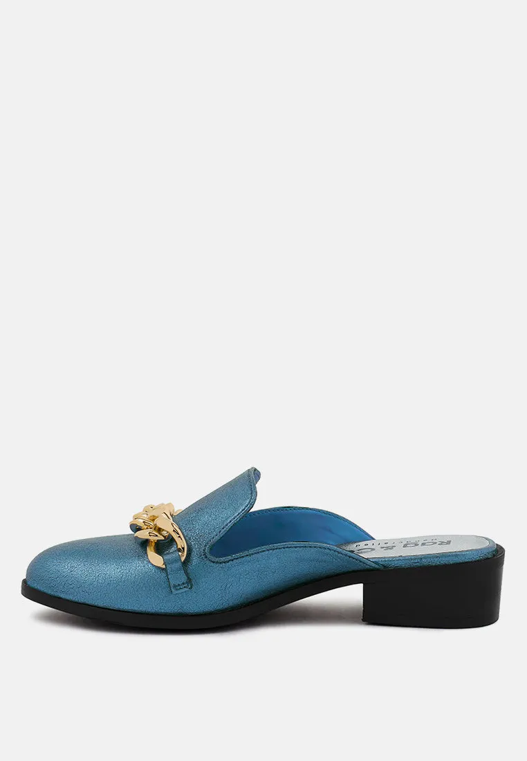 Aksa Chain Embellished Metallic Leather Mules By Ruw