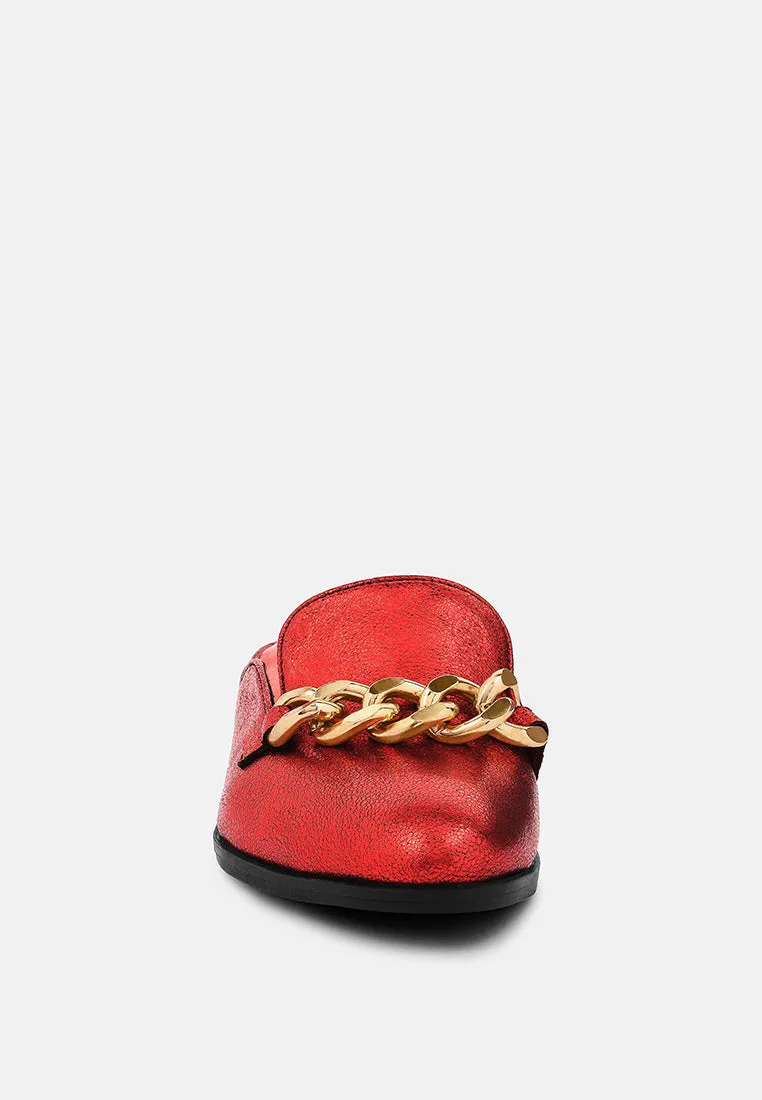 Aksa Chain Embellished Metallic Leather Mules By Ruw