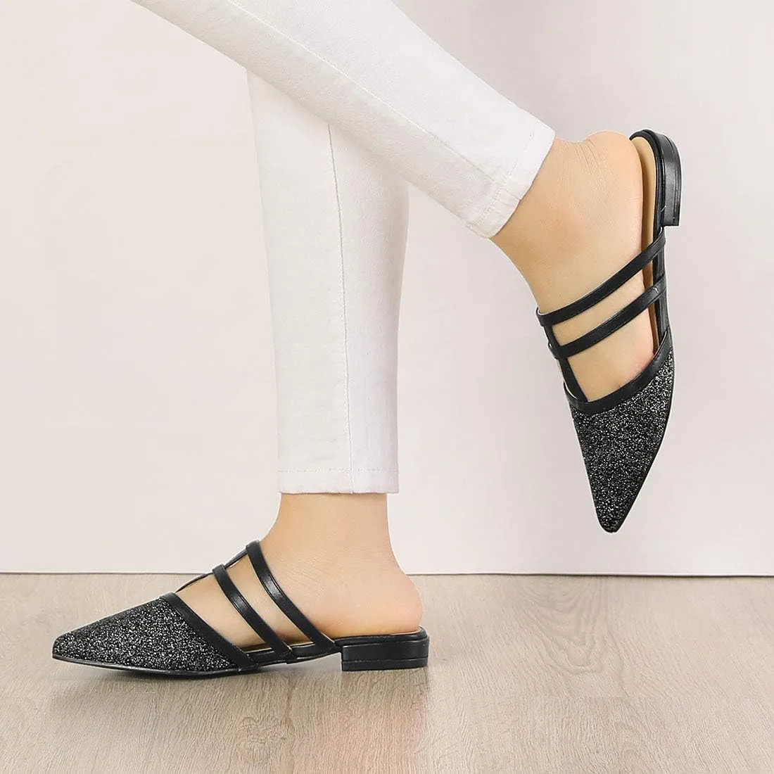 Allegra K Women's Glitter Pointed Toe Flat Mules