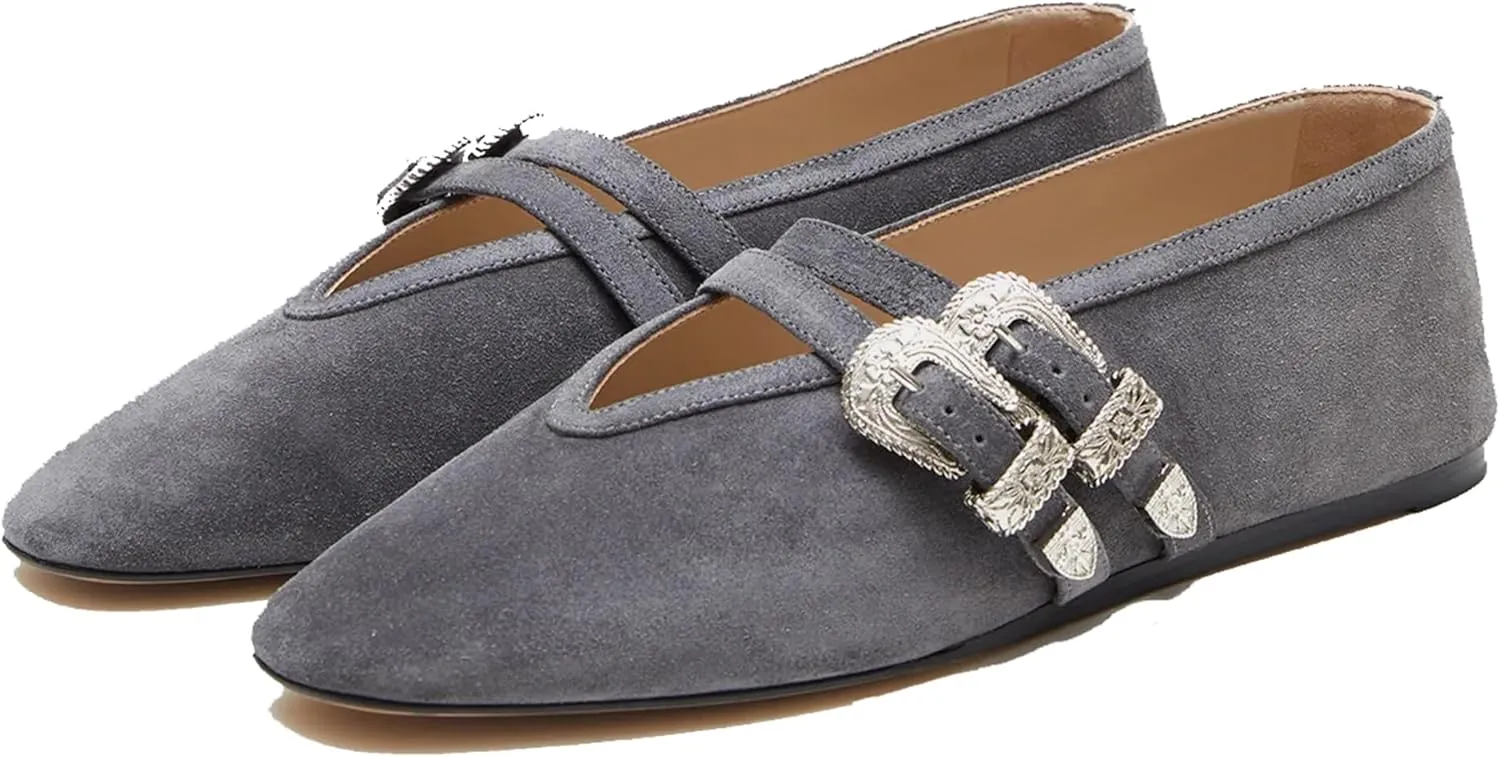 Arqa Women's Ballet Flats with Two Western Buckles Cushioned Leather Insole & Piping Dressy Comfortable Work Office Flats Wedding Ballerina Shoes