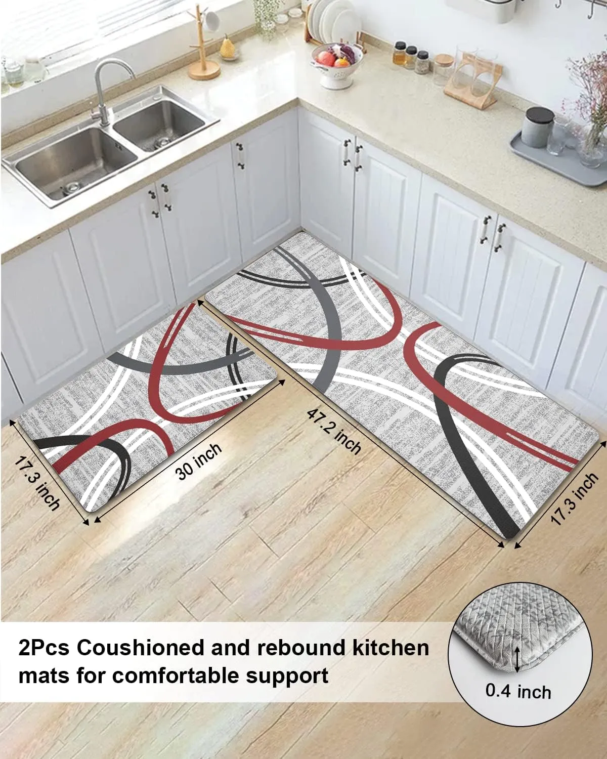 Artnice Kitchen Rugs Set of 2, Modern Cushioned Anti-Fatigue Floor Mat, Non-Slip Waterproof Standing Desk Mats for Home, Office, Sink, Laundry, 17.3"x30" 17.3"x47.2", Grey