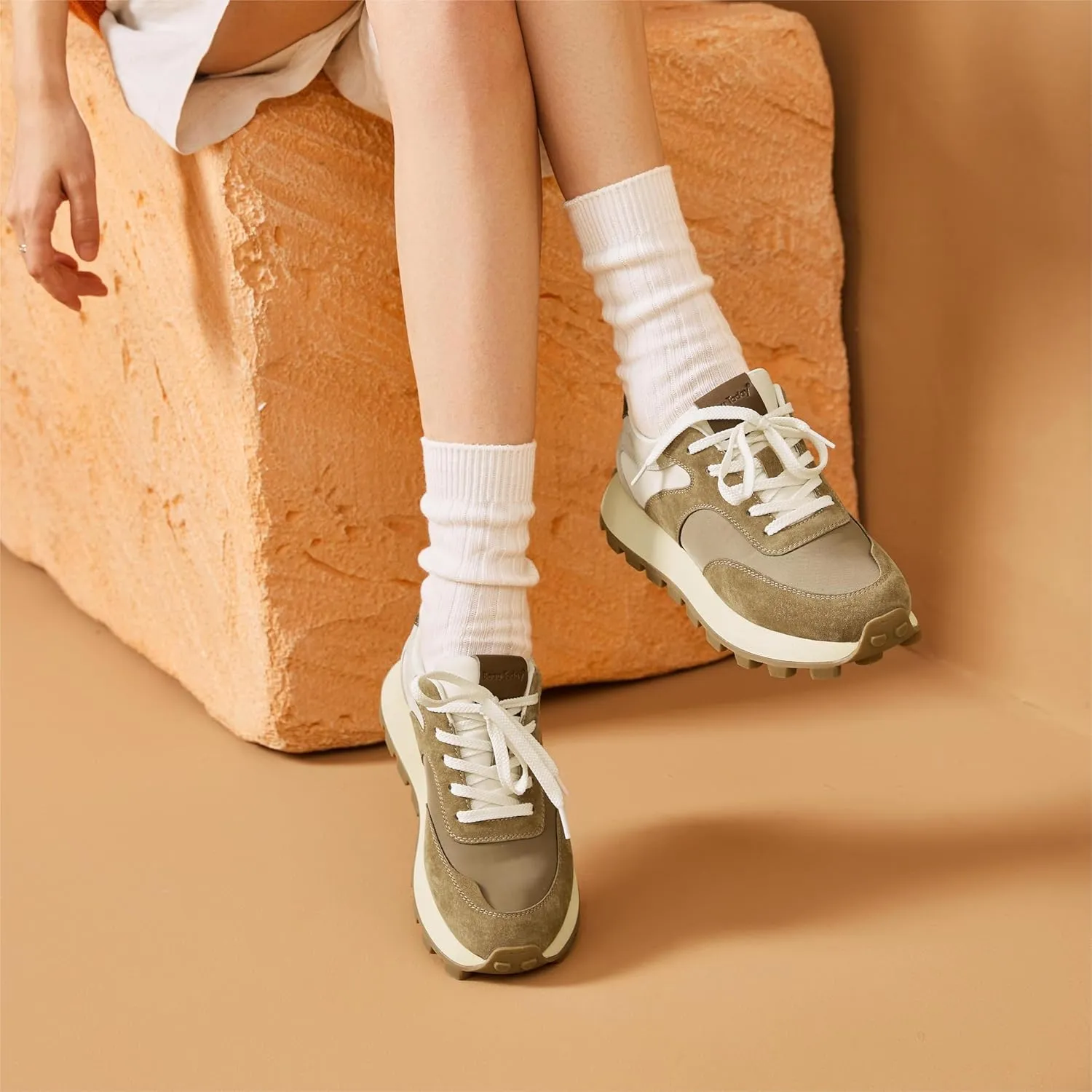 BEAU TODAY Sneakers for Women Genuine Leather Patchwork Casual Walking Shoes Retro Non-Slip Comfortable Lightweight Breathable Tennis Running Shoes