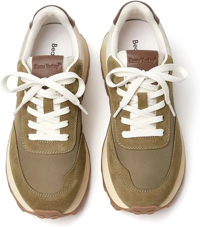 BEAU TODAY Sneakers for Women Genuine Leather Patchwork Casual Walking Shoes Retro Non-Slip Comfortable Lightweight Breathable Tennis Running Shoes