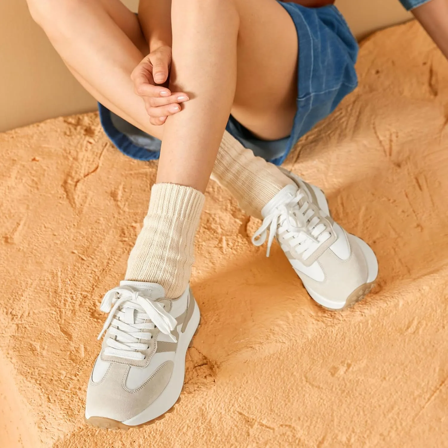BEAU TODAY Sneakers for Women Genuine Leather Patchwork Casual Walking Shoes Retro Non-Slip Comfortable Lightweight Breathable Tennis Running Shoes