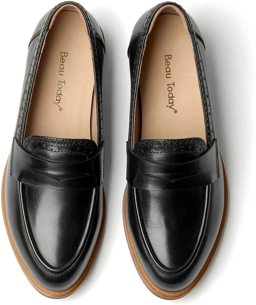 BEAU TODAY Womens Loafers, Leather Penny Loafers for Women, Comfortable Slip-on Loafers for Women Flats Shoes, Business Casual Office Work Dressy Shoes
