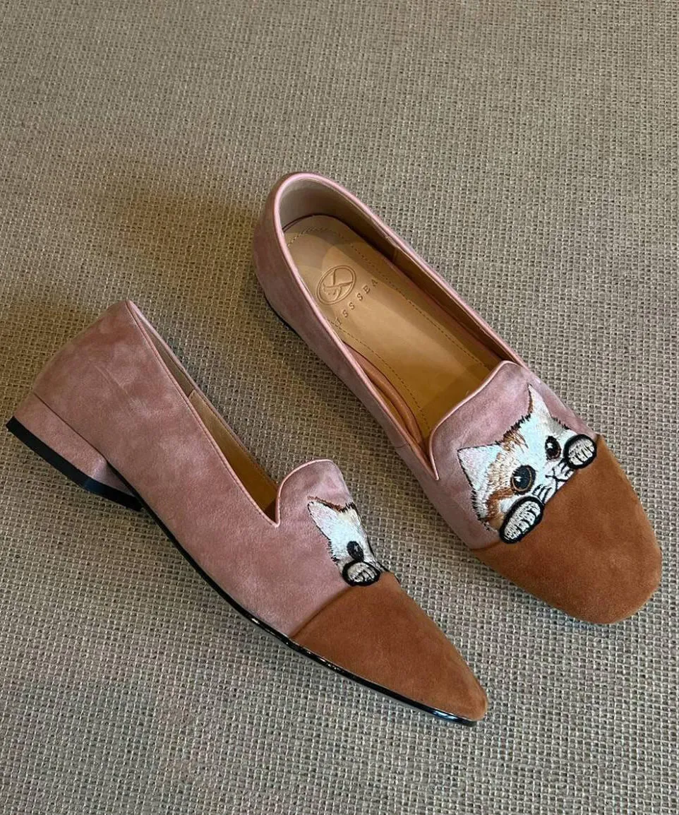Beautiful Splicing Penny Loafers Brown Suede Embroidered YC015