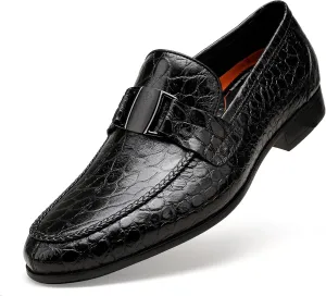 Black Mens Leather Penny Loafers, Classic Crocodile Printed Business Dress Shoes with Metal Buckle Slip on Penny Shoes for Mens, 7