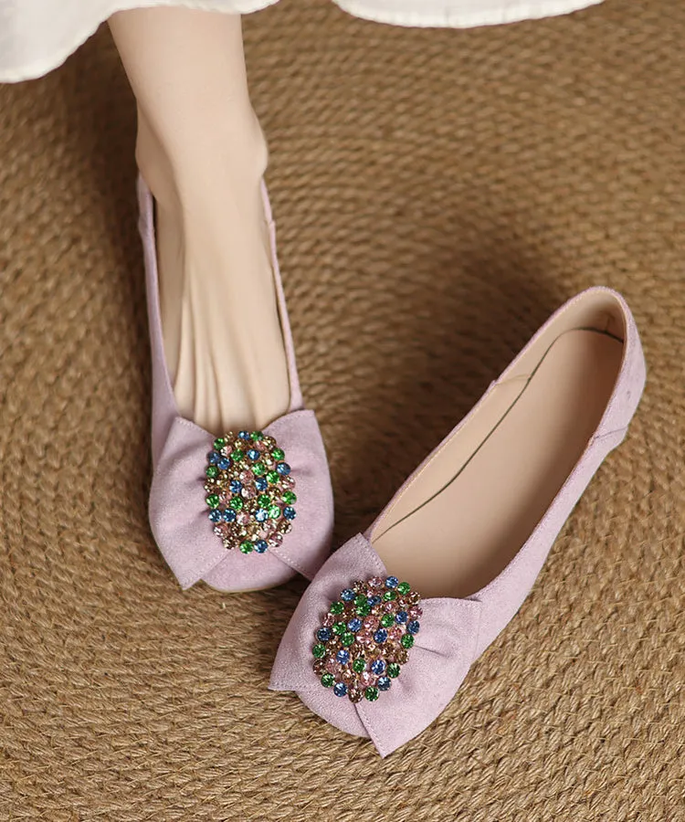Black Suede Bow Zircon Splicing Comfy Penny Loafers