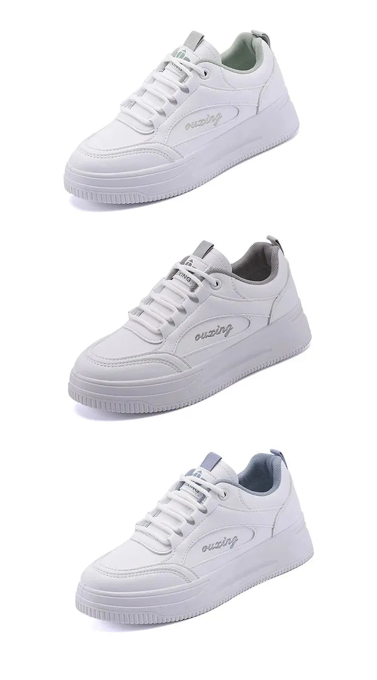 Breathable Leather Lace-Up Platform Sneakers for Women