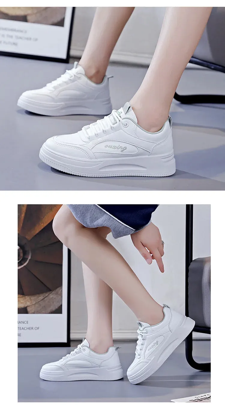 Breathable Leather Lace-Up Platform Sneakers for Women
