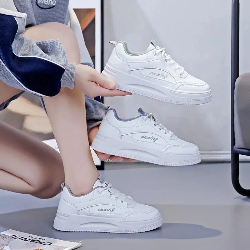 Breathable Leather Lace-Up Platform Sneakers for Women