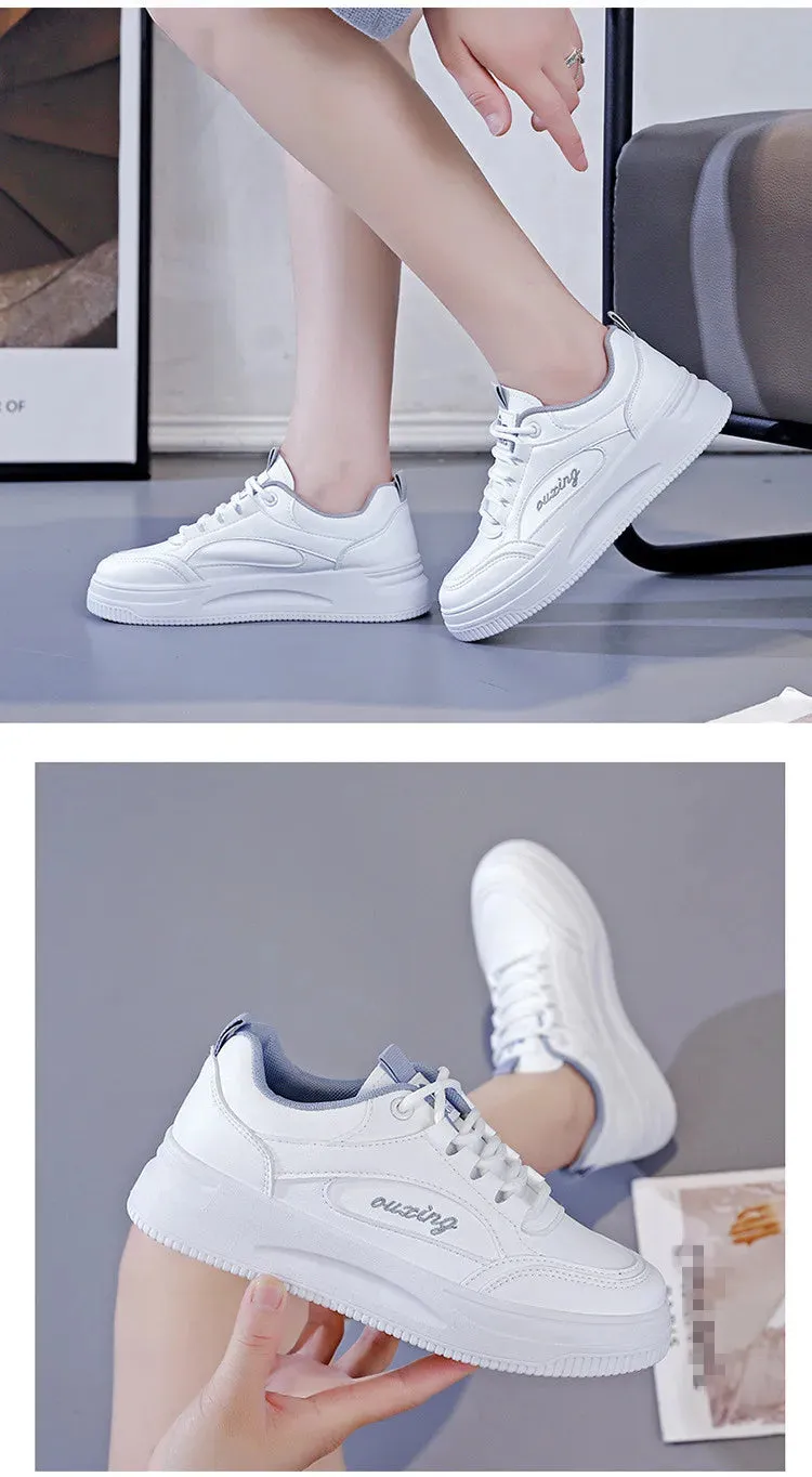 Breathable Leather Lace-Up Platform Sneakers for Women