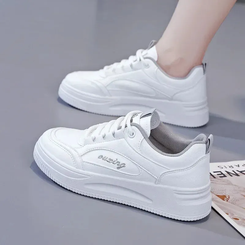 Breathable Leather Lace-Up Platform Sneakers for Women