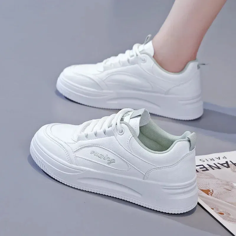 Breathable Leather Lace-Up Platform Sneakers for Women