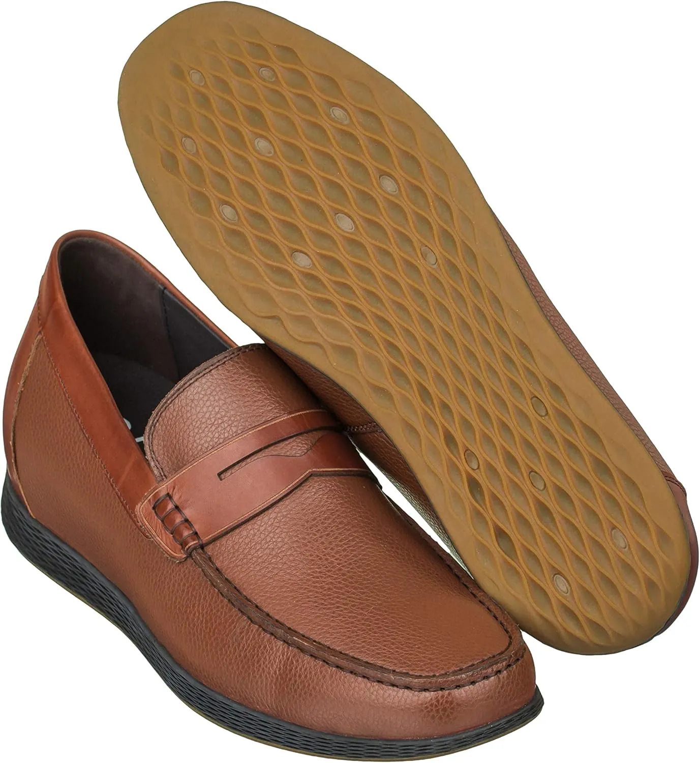 CALTO Men's Invisible Height Increasing Elevator Shoes - Dark Brown Premium Leather Slip-on Lightweight Casual Loafers - 2.4 Inches Taller - S1092 - Size 7.5 D(M) US