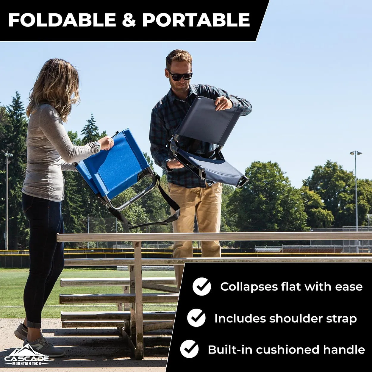 Cascade Mountain Tech Lightweight Folding Portable Stadium Seats with Shoulder Strap - Light Blue, Regular - 17"