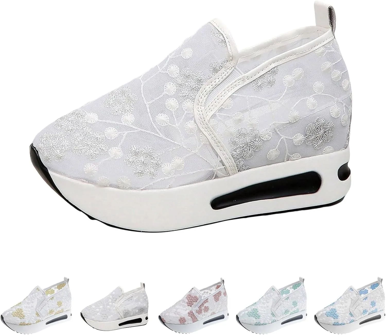 Cathalem Womens Orthopedic Sneakers Floral Embroidery Breathable Sheer Mesh Wedge Sneakers Slip On Platform Wedge Sneakers
