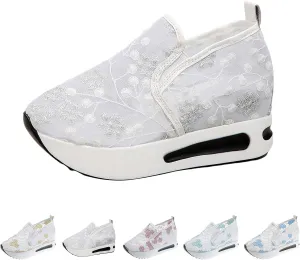 Cathalem Womens Orthopedic Sneakers Floral Embroidery Breathable Sheer Mesh Wedge Sneakers Slip On Platform Wedge Sneakers
