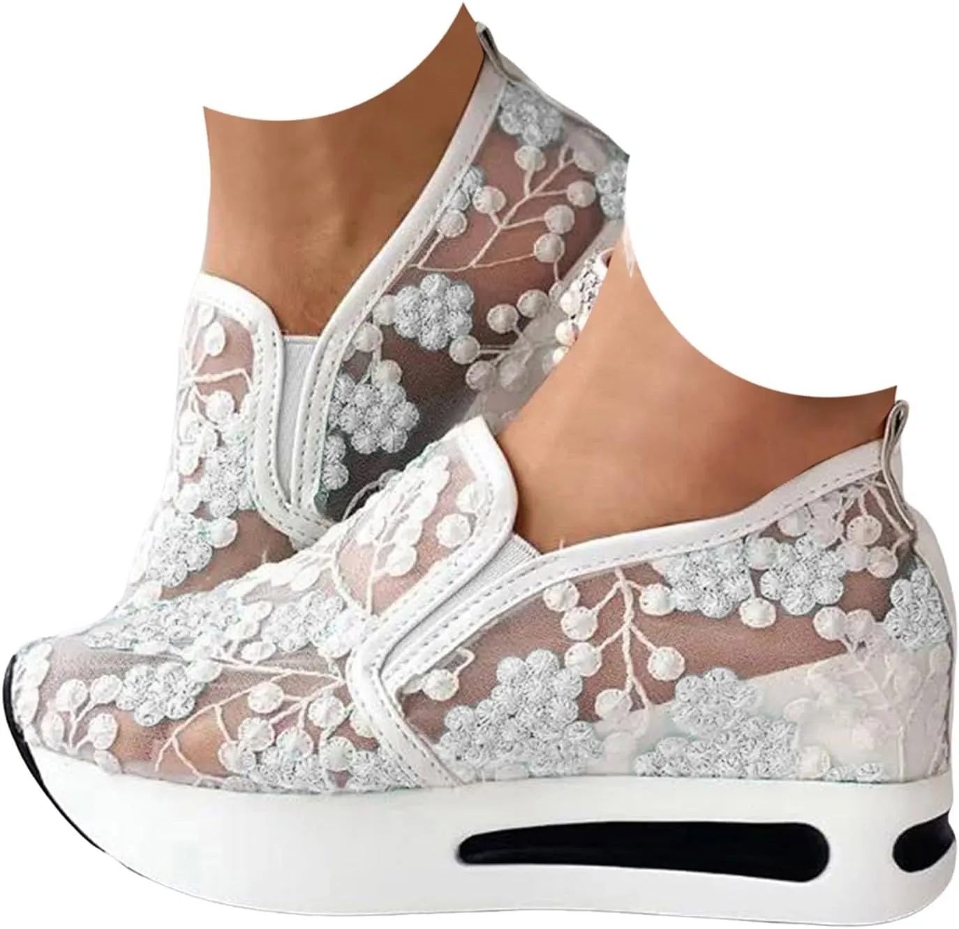 Cathalem Womens Orthopedic Sneakers Floral Embroidery Breathable Sheer Mesh Wedge Sneakers Slip On Platform Wedge Sneakers