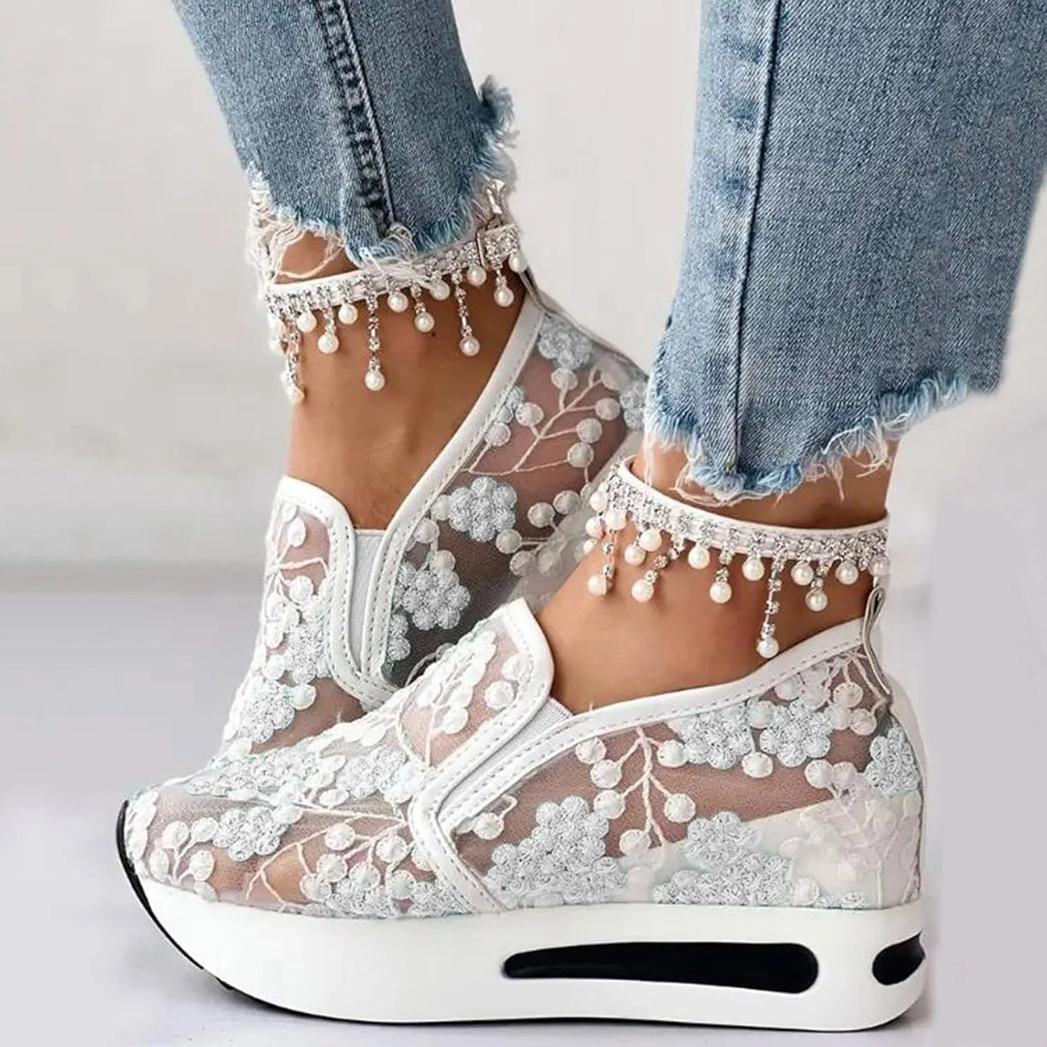 Cathalem Womens Orthopedic Sneakers Floral Embroidery Breathable Sheer Mesh Wedge Sneakers Slip On Platform Wedge Sneakers