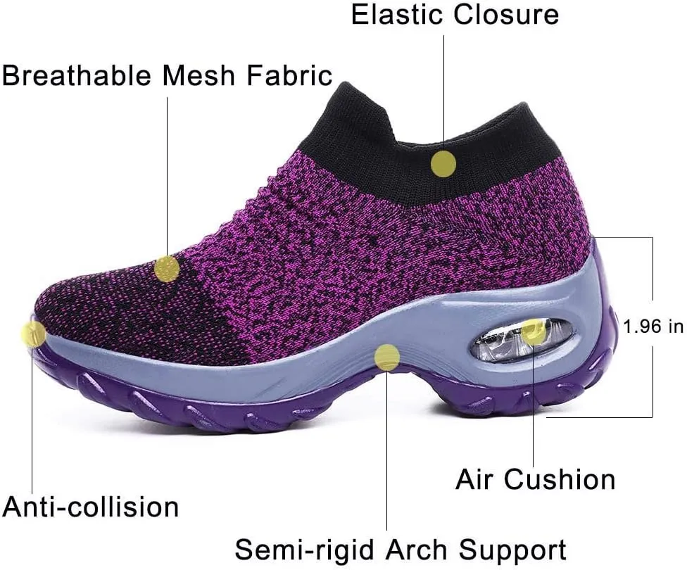 CERYTHRINA Women's Walking Shoes Sock Sneakers Mesh Slip On Air Cushion Toning Rocker Shoes Platform Loafers