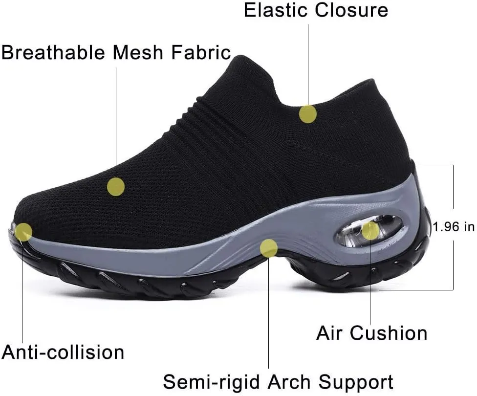 CERYTHRINA Women's Walking Shoes Sock Sneakers Mesh Slip On Air Cushion Toning Rocker Shoes Platform Loafers