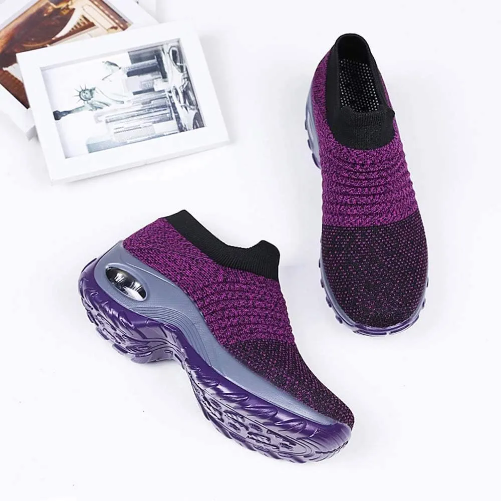 CERYTHRINA Women's Walking Shoes Sock Sneakers Mesh Slip On Air Cushion Toning Rocker Shoes Platform Loafers